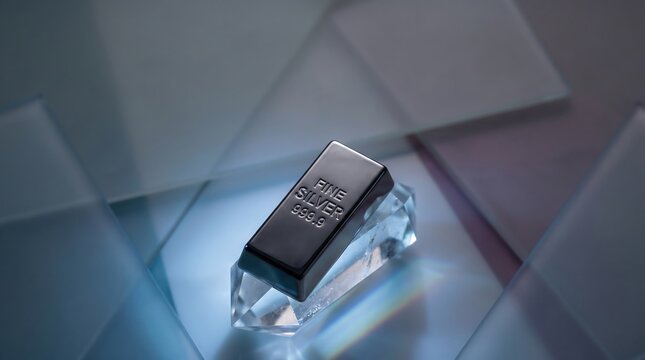 Fine silver bar 999.9 on crystal prism with silver market background