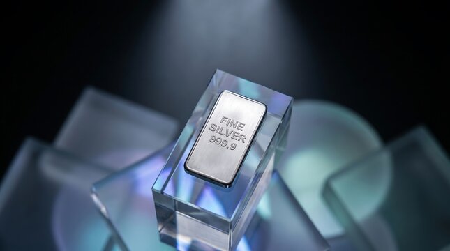 Fine Silver Bar on Crystal Pedestal, Silver Market Background Investment Concept