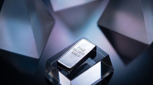 Fine Silver Bullion Bar 999.9 on Glass Base with Silver Market Background