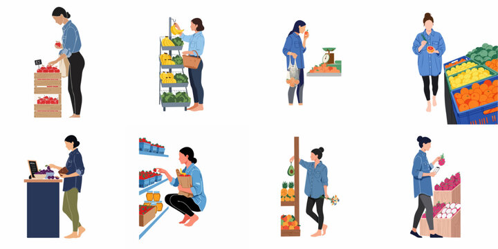 Set of flat vector illustrations of women shopping for fresh fruits and vegetables at a grocery store or farmer's market.