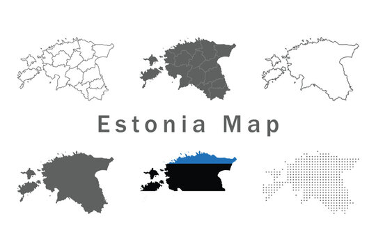 Estonia Map Vector Set &ndash; 6 Styles Collection Including Outline, Solid Silhouette, Administrative Regions, Dotted Grid, Flag Filled and Abstract Line Design, Editable Infographic Template