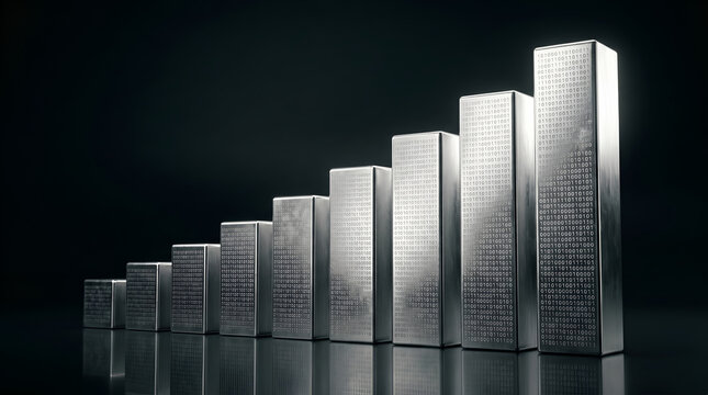 Silver Bar Chart with Binary Code and Silver Market Background Representing Financial Growth