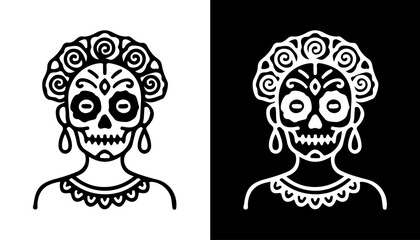 Intricate Calavera Illustration: A detailed outline of a stylized skull, reminiscent of Day of the Dead traditions, adorned with floral patterns. © iconstore