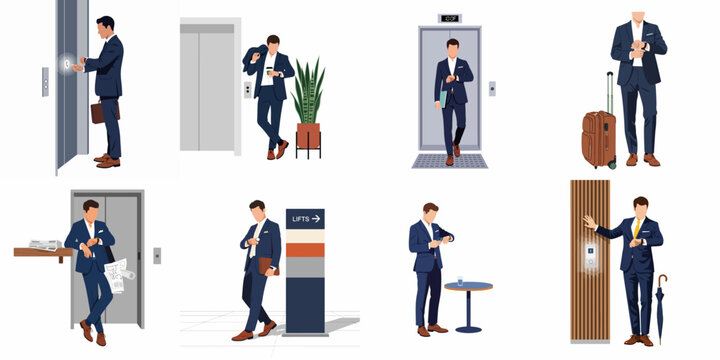 Set of illustrations depicting a professional businessman waiting for elevators and checking his watch in various office and travel settings.