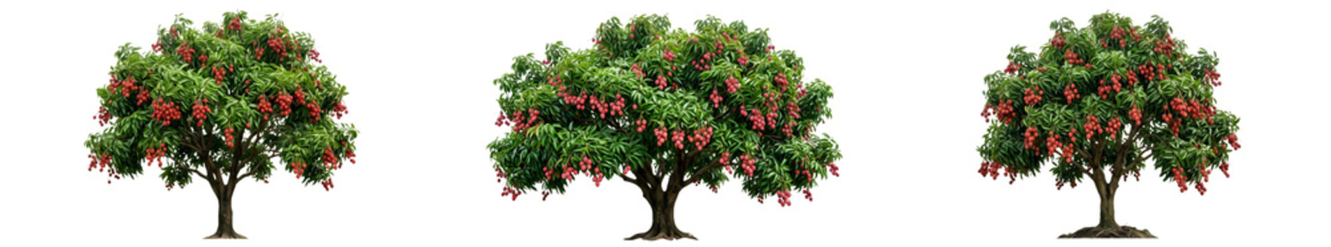 Set of Three Mature Lychee Trees Litchi Chinensis Featuring Ripe Red Fruit and Dense Green Foliage Isolated on White Background for Professional Orchard Management and 3D Landscape Assets