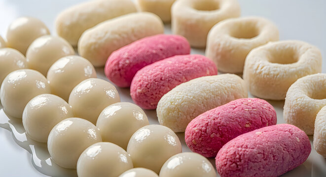Assorted Traditional Bengali Milk Sweets Including Rasgulla, Cham Cham, and Sandesh on White Background.