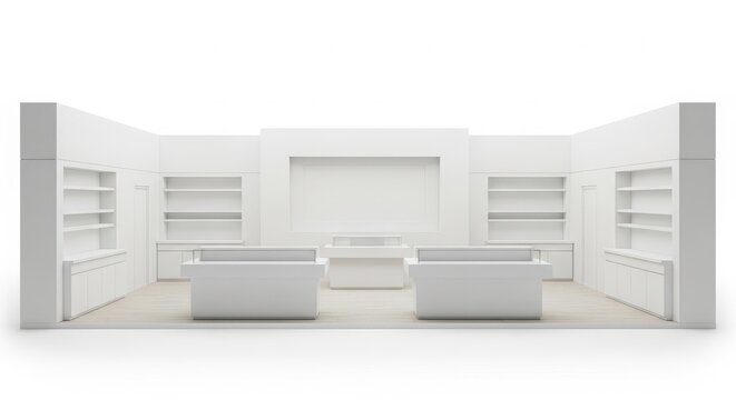 3D rendering of an empty, minimalist white retail store interior with shelves and display counters.