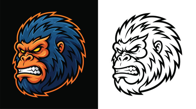 Angry gorilla head mascot illustration in color and black and white outline versions, depicting a fierce ape with blue fur and orange face.