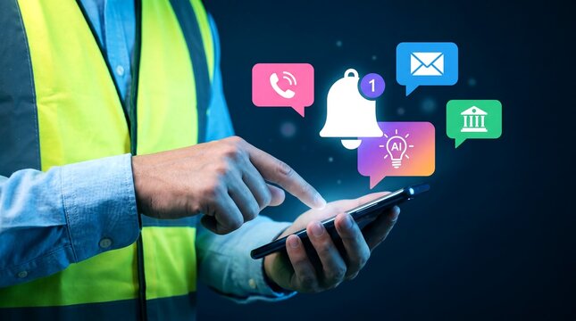 Industrial worker using smartphone with digital notification icons, construction engineer receiving mobile alerts, logistics manager tracking smart technology