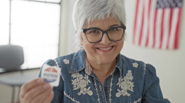 Woman holding i voted sticker between fingers and smiling in a building polling station with american flag visible; civic pride.