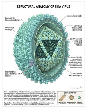 Detailed Structural Anatomy Infographic of the Zika Virus Virion