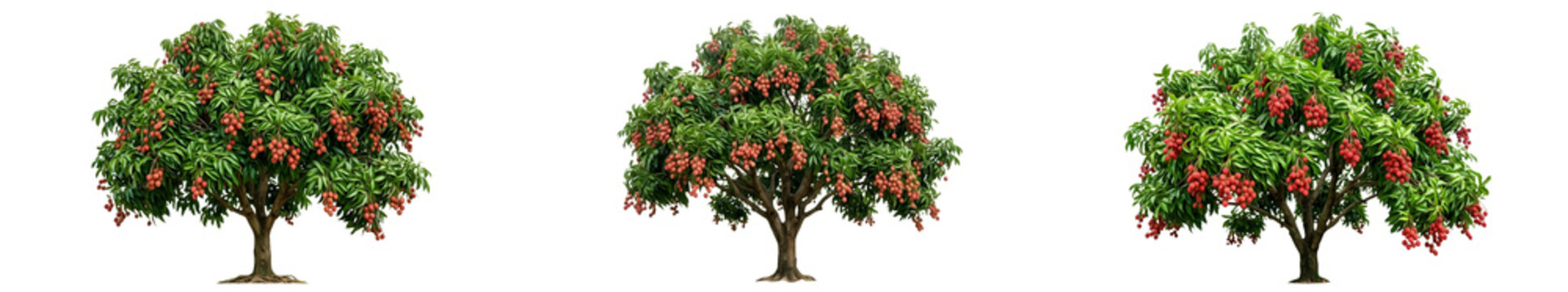 Set of Mango Trees Mangifera Indica Featuring Ripe Red Fruit and Dense Green Foliage Isolated on White Background for Agricultural Marketing and Tropical Landscape Design Projects