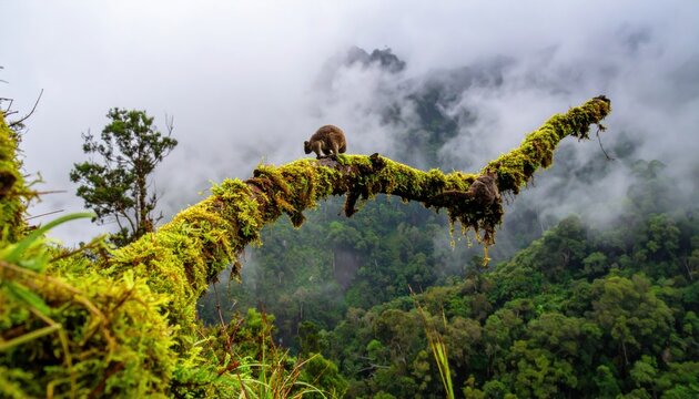 A rare Matschie tree kangaroo meticulously navigates a mossy branch high within a misty cloud forest, capturing the serene and cinematic beauty of an endangered marsupial in its lush habitat.