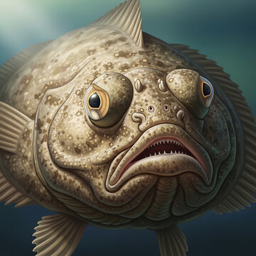 Detailed illustration of a peculiar bottom-dwelling flatfish with an expressive, textured face