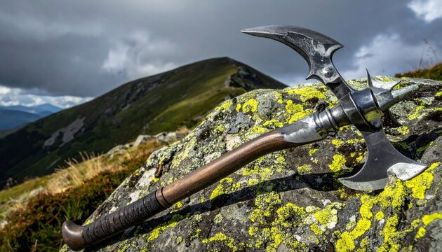 Sharp iron halberd head with curved axe blade and piercing spike rests on a lichen covered mossy rock in the high mountains under a cinematic cloudy sky, featuring a wide panoramic composition.
