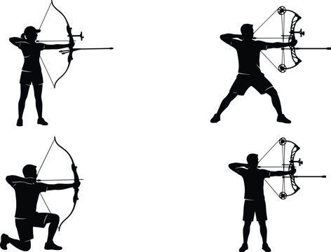 Black silhouettes set of male and female archers aiming with recurve and compound bows isolated on white background