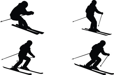 Fototapeta premium Professional set of black skier silhouettes in various downhill action poses with poles isolated on a white background