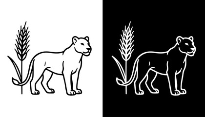 Lioness and Wheat Emblem: A sophisticated emblem features a majestic lioness standing proudly beside a stalk of wheat, symbolizing strength and growth, set against a classic contrast background. © iconstore
