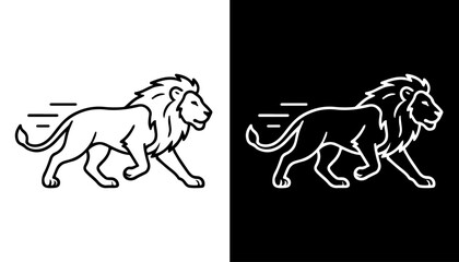 Lion Silhouette: A sleek illustration showcases a lion in motion, presented in a striking silhouette against contrasting backgrounds of black and white, symbolizing power and agility. © iconstore