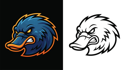 Naklejka premium Aggressive blue duck mascot logo in two styles, one colored with orange beak and angry eyes, and one black and white outline version, suitable for sports teams or esports.