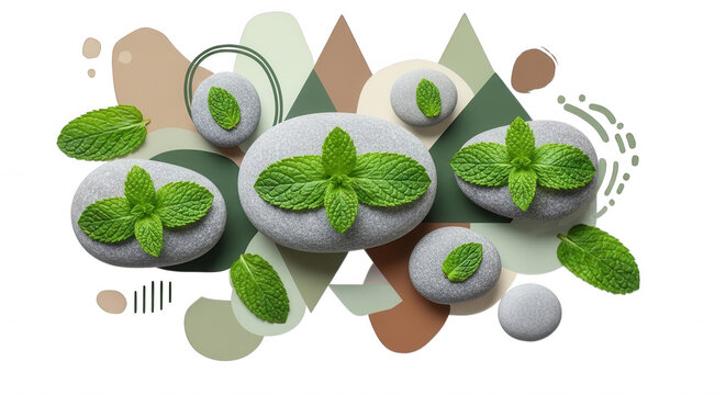 Smooth gray spa stones topped with fresh green mint leaves arranged over abstract geometric shapes on a solid black background