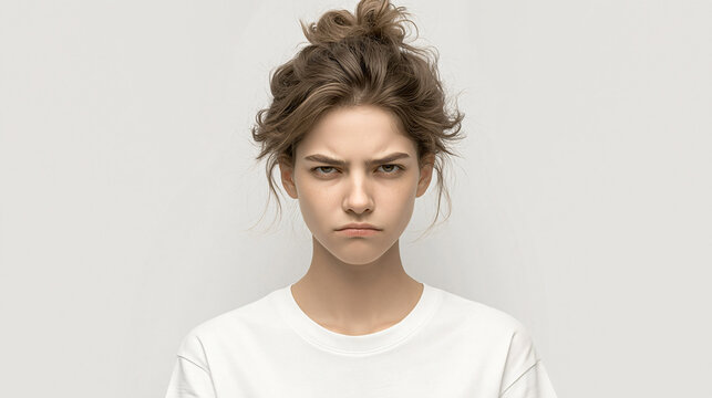 Frustrated Expression Portrait of a woman with a furrowed brow, capturing an intense emotion of annoyance.