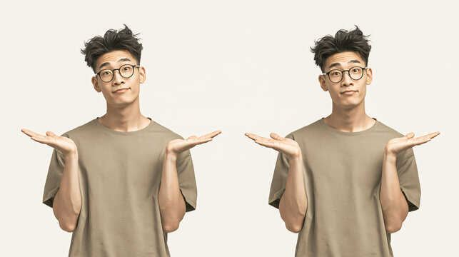 Doubt and Confusion Two Asian male express their uncertainty with open palms, eyeglasses and a noncommittal expression, set against an empty background. 