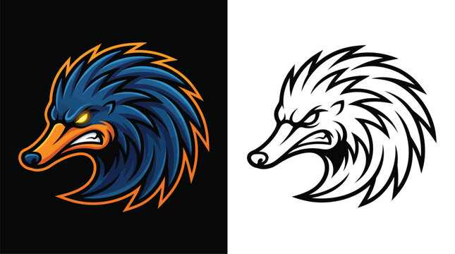 Stylized echidna or porcupine head mascot logo design in vibrant color and black and white outline versions, featuring an aggressive expression.