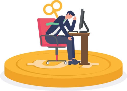 Overworked businessman with wind up key on coin