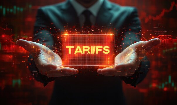 Person in suit holding glowing red holographic tariffs panel above open hands amid digital data and stock charts, conveying urgency and tension