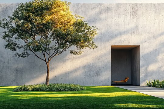 Sunlit minimalist courtyard with a single leafy tree on a manicured lawn, tall concrete wall with shaded recessed alcove and orange lounge chair, calm peaceful mood