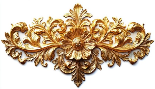 ornate gilded floral carving with central blossom and flowing acanthus leaf scrolls, symmetrical gold relief evoking elegance and opulent decor