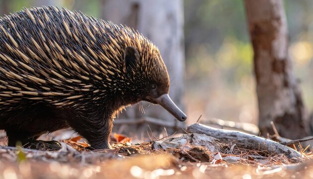 Short beaked echidna with sharp quills and long snout foraging in the Australian bush on dry eucalyptus leaves, cinematic side view of a native spiny monotreme in its natural forest habitat.