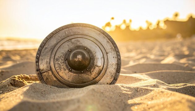 Ancient round buckler shield with central steel boss and concentric ring patterns resting on a sandy beach during sunset, cinematic wide shot of historical defensive armor by the shore.