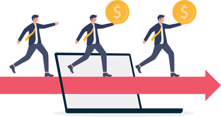 Fototapeta premium Team carrying profits and coins across laptop