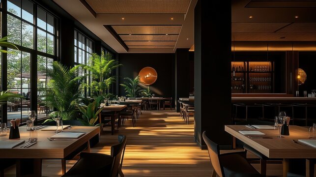 sunlit modern restaurant interior with wooden tables, large windows, lush potted palms and a warm inviting atmosphere