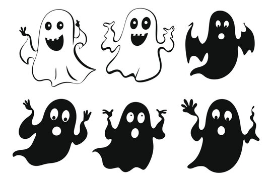 Set of Cute and Spooky Halloween Ghost Illustrations Vector Illustration on White Background.