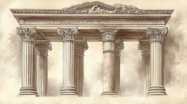 sepia architectural drawing of a classical temple facade with ornate fluted columns, carved entablature and pediment conveying majestic serenity