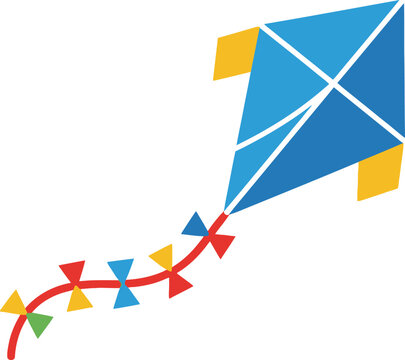 Minimalist blue kite design with a colorful tail, embodying the joyful freedom of childhood and the playful spirit of outdoor activities on a breezy day