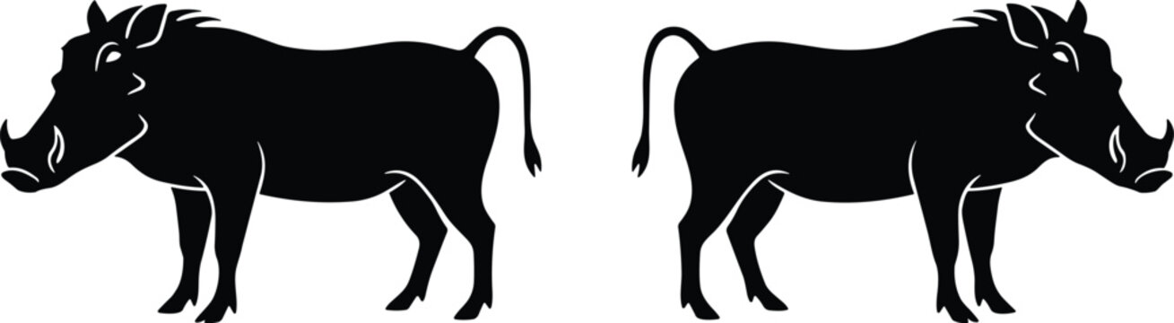 Symmetrical Warthog Silhouette Pair Illustration Featuring Wild African Animal Profiles for Tribal Nature Wildlife and Safari Design Projects
