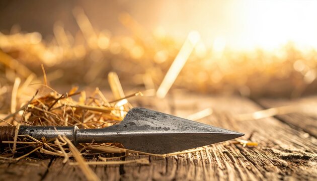 Ancient sharp steel spearhead resting on rustic weathered wood and dry straw under warm golden light. This cinematic widescreen image depicts a medieval weapon point with authentic texture.