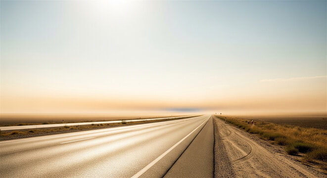 premium Cinematic highway landscape at sunset, long asphalt road stretching to horizon, golden hour desert travel scenery 4k