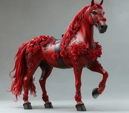 Glossy red horse draped in abundant red roses and ornate bridle and harness, flowing mane and tail, lifted foreleg and decorated hooves, poised and majestic with romantic elegance