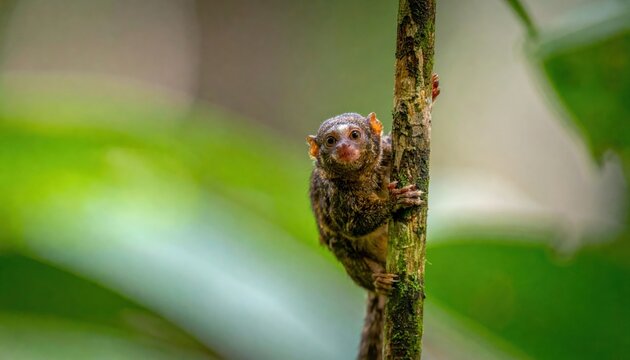 A small Pygmy marmoset monkey with brownish fur and tiny claws clings to a vertical tree branch in the Amazon rainforest. This cinematic widescreen shot captures a rare primate in the wild.