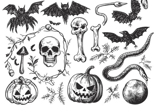 Halloween Elements Collection in Vintage Sketch Style with Spooky Decorations Vector Illustration on White Background.