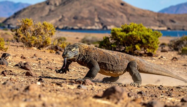 A massive Komodo dragon with rugged scales and a flicking tongue walks across a dry volcanic landscape near the ocean, captured in a cinematic widescreen composition during a sunny day.