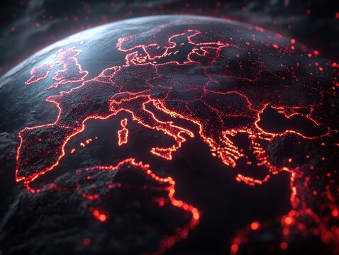 glowing red network map of europe on a dark textured globe with illuminated coastlines and scattered hotspots, dramatic and ominous atmosphere