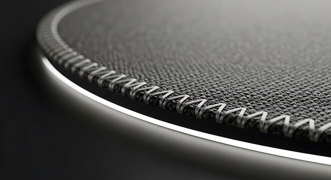 A close-up view of a circular circle mouse pad showing textured black fabric surface with premium stitched edges and a sleek modern industrial design.