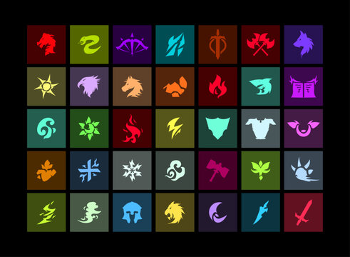 Fantasy RPG Game Icon Pack Collection Colorful Symbol Emblem UI Asset Bundle
