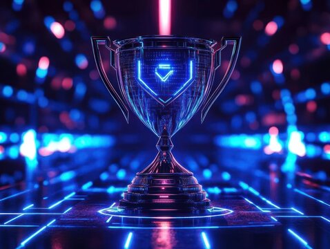 glowing futuristic trophy on neon circuit grid with blue and pink lights, triumphant high-tech celebration